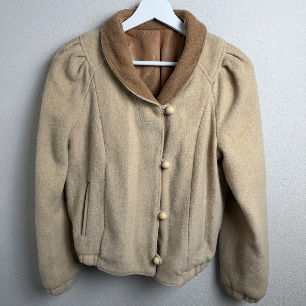Vintage Puff Sleeve Wool Bomber Jacket Beige Small Union Made Shawl Collar